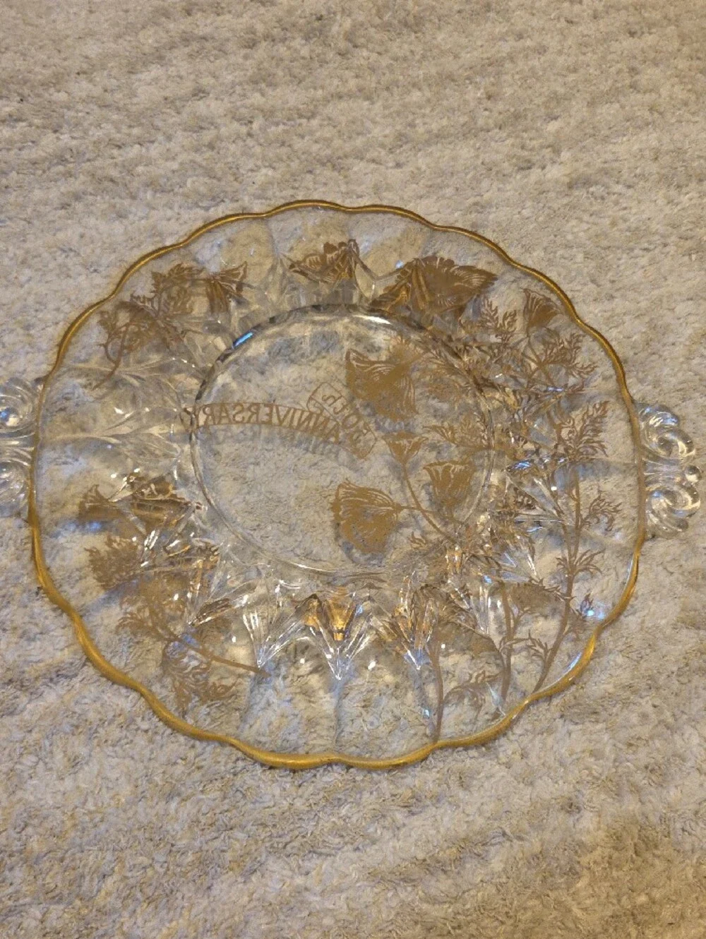 Glass Flanders Poppy 22k Gold Overlay Crystal Cake Plate 50th Anniversary